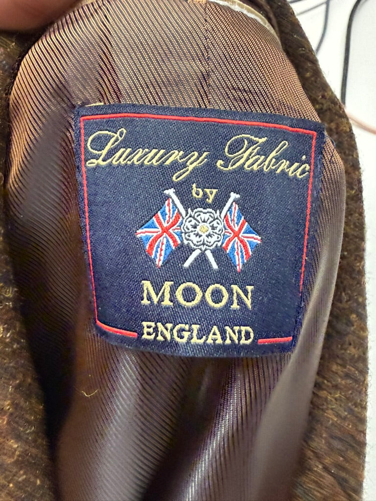 Vintage wollen tweed blazer - scheerwol, bruin gemêleerd, suède accenten - XL