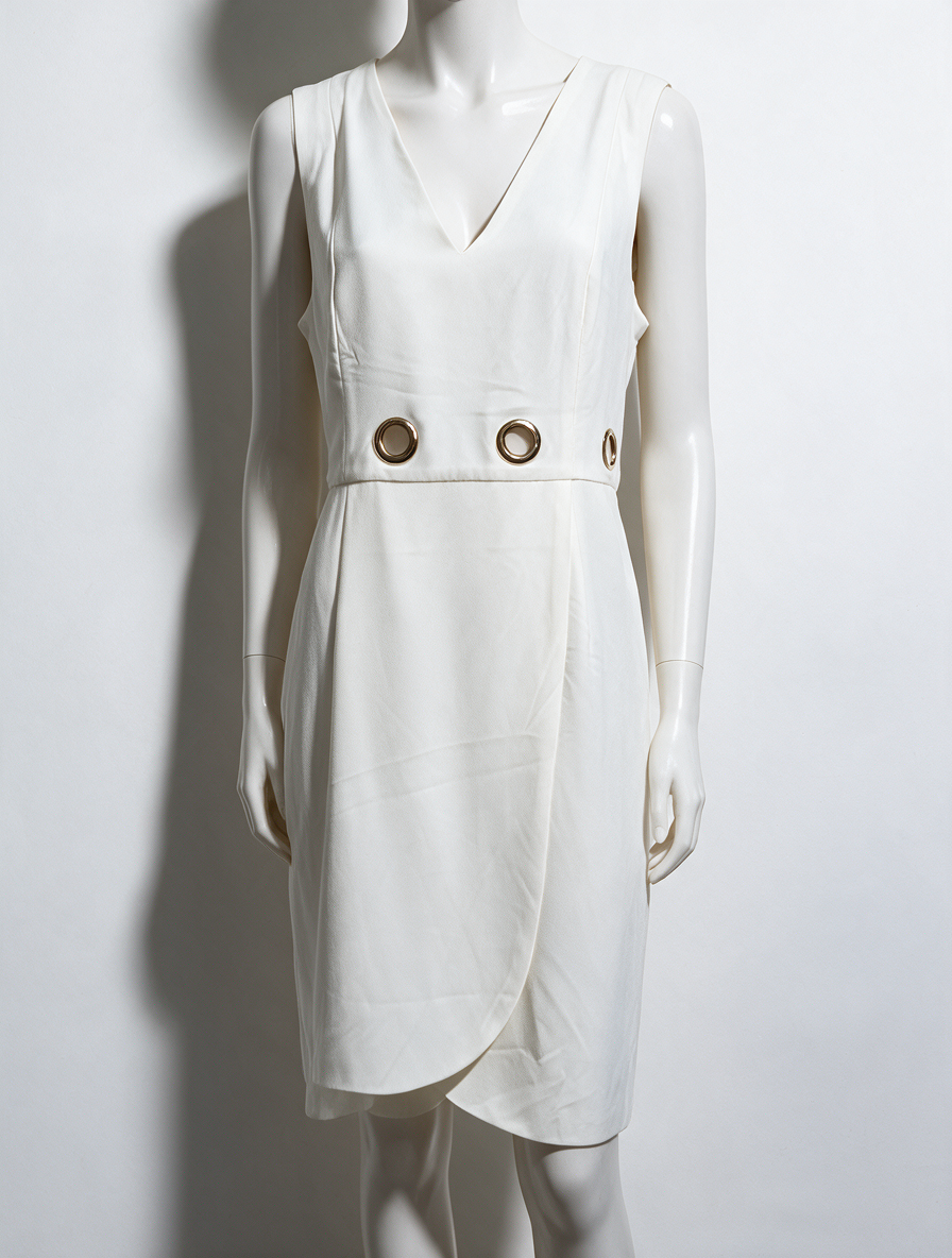 LINEA RAFFAELLI - Jurk - wit, diepe V-hals, metalen ringdetails - L