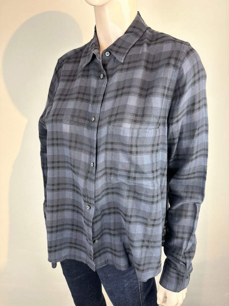 Pomandère - Blouse - grijs-blauw ruitpatroon, 100% katoen, volledige knoopsluiting - IT44 - NL40
