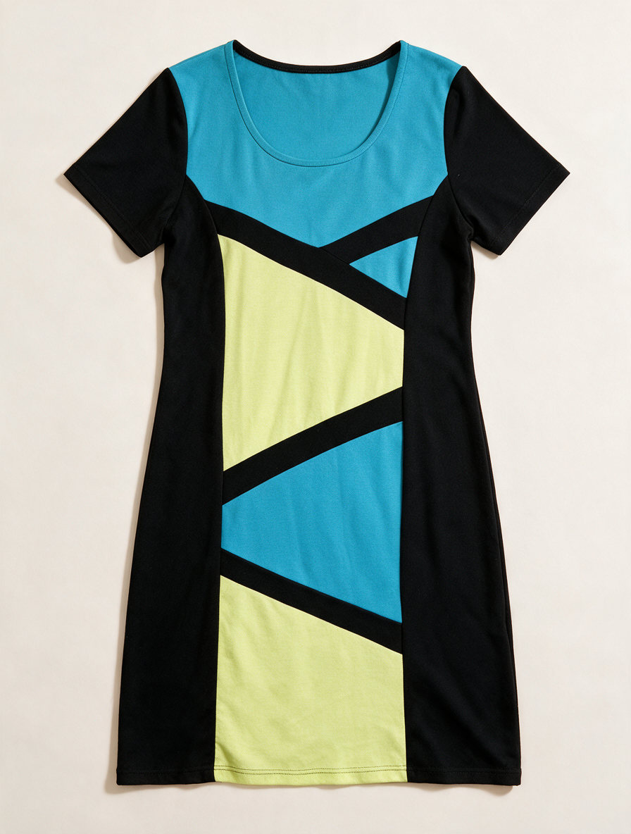 MICHA - Jurk - kleurblok, turquoise/geel/zwart, korte mouw - XL