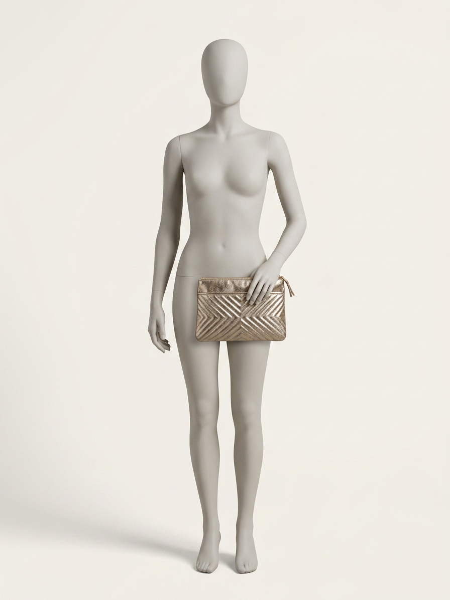 Clutch - goud, gestikt visgraatpatroon, ritssluiting