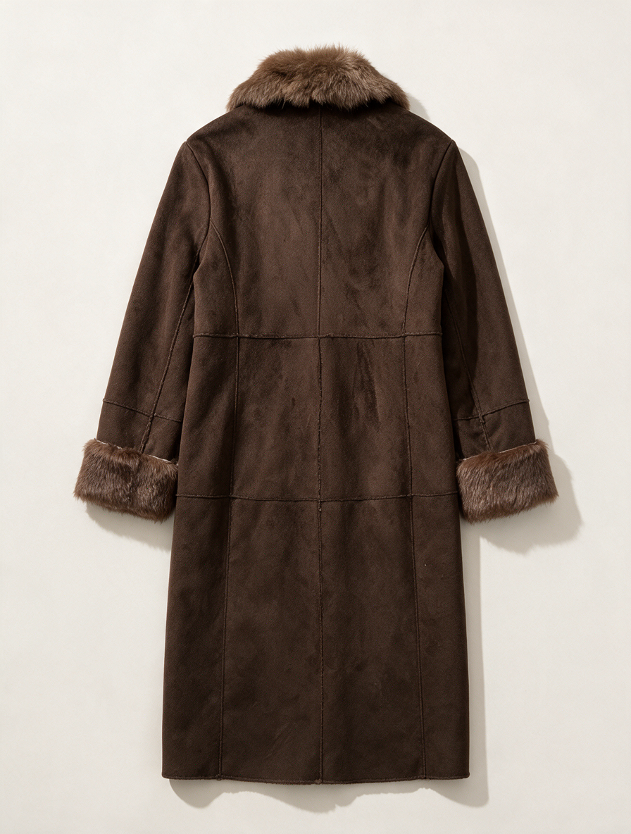 Gerard Darel - Jas - bruin suèdelook, bontkraag en bontmanchetten, lang model - XL