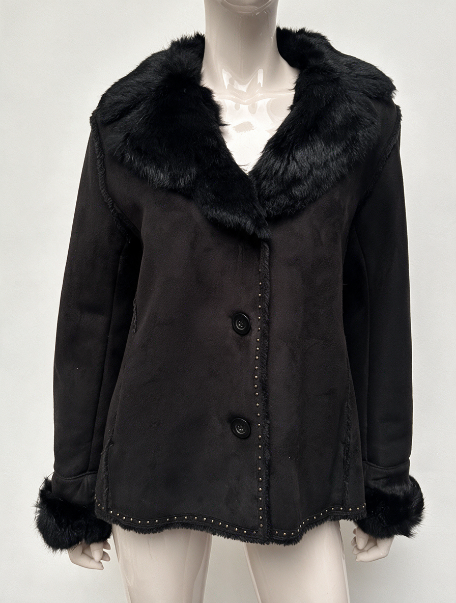 GERARD DAREL - Jas - zwart, imitatiebontkraag, knoopsluiting - XL
