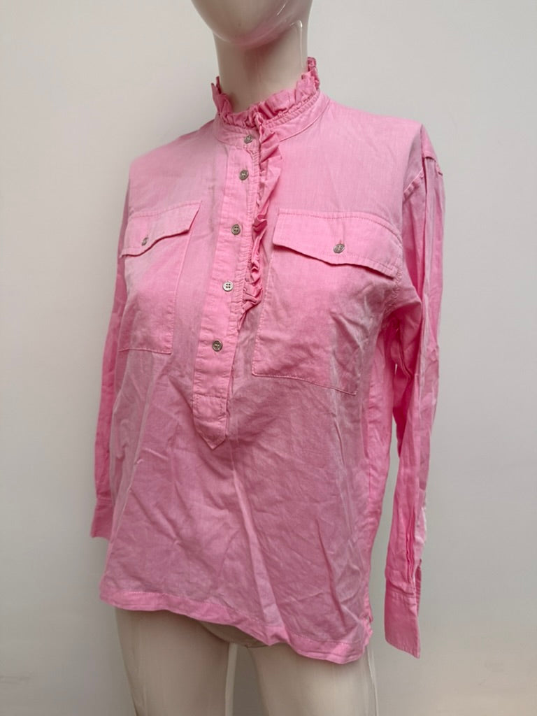co’couture - Blouse - roze, opstaande kraag met ruches, halve knoopsluiting - XS