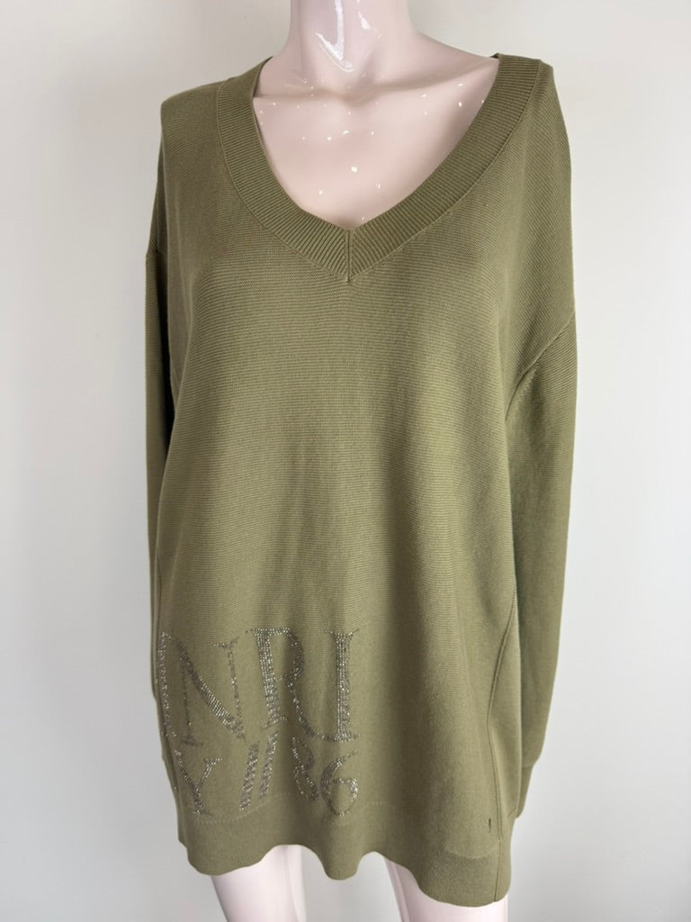 monari - Trui - olijfgroen, V-hals, strass steentjes - XL