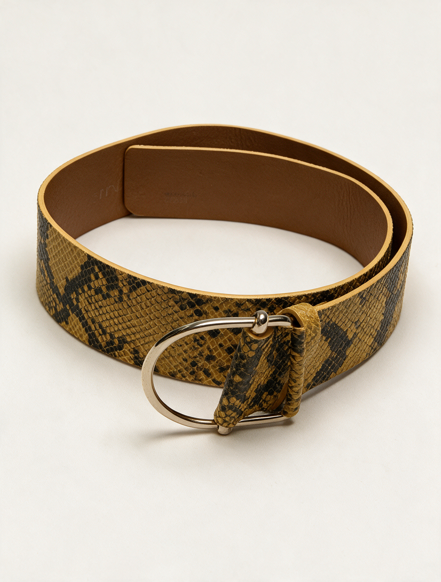 ba&sh - Riem - slangenprint, geel en zwart, ronde zilverkleurige gesp