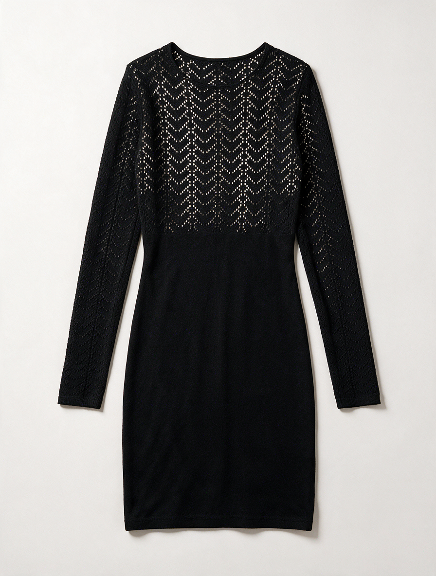 Caroline Biss - Jurk - zwart, gehaakt patroon, strikdetail - L