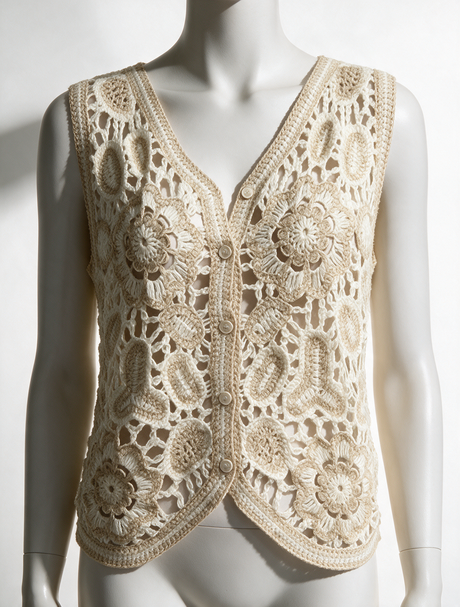 Studio Eleven Collection - Gilet - crème, opengewerkt bloemmotief, knoopsluiting - 1 maat