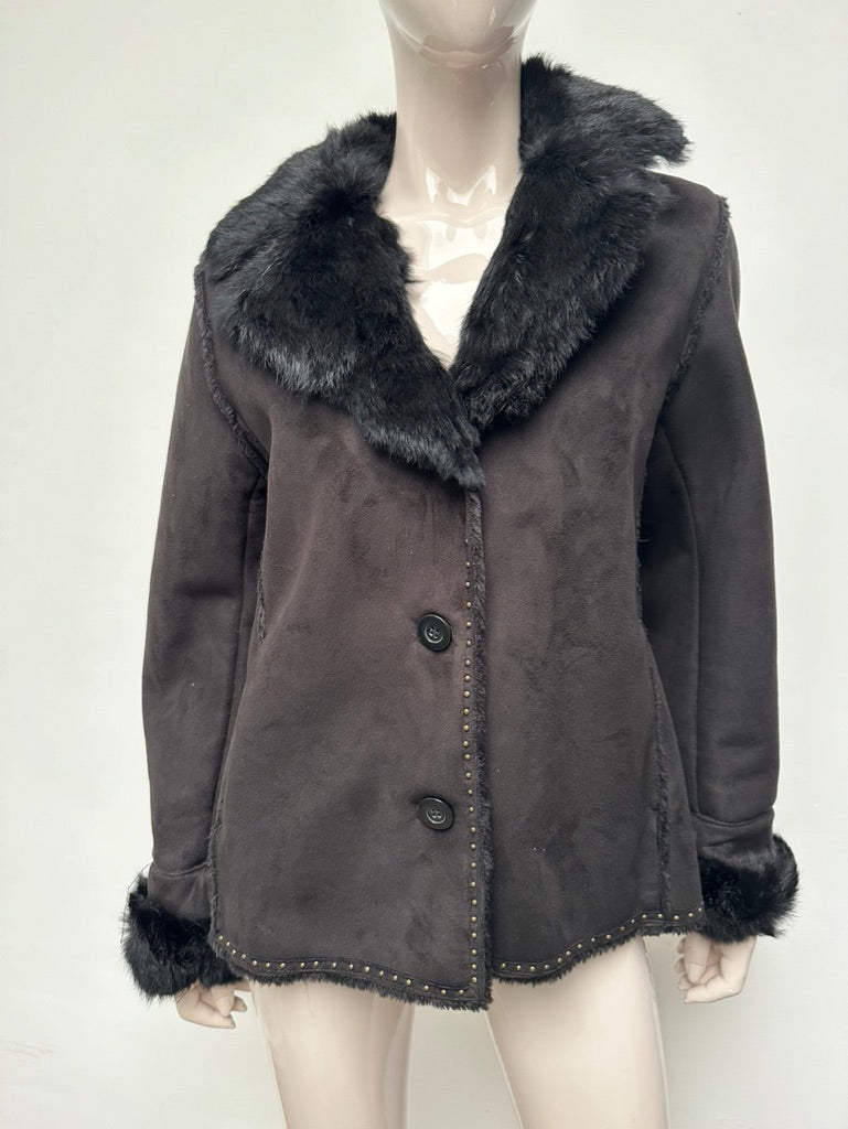 GERARD DAREL - Jas - zwart, imitatiebontkraag, knoopsluiting - XL
