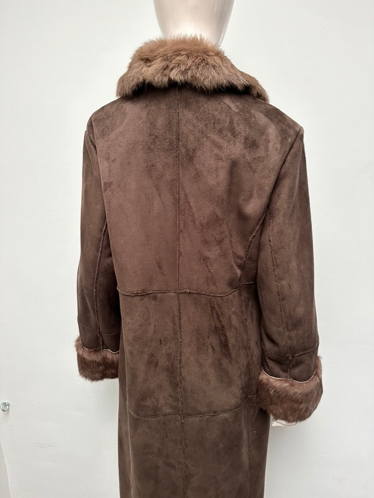 Gerard Darel - Jas - bruin suèdelook, bontkraag en bontmanchetten, lang model - XL