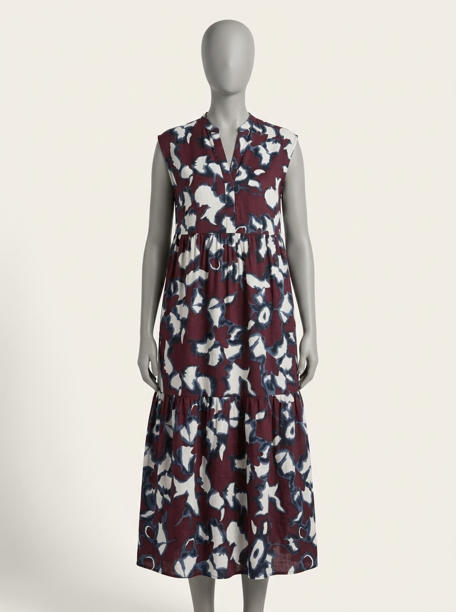 Jurk met abstracte print in bordeaux/blauw/wit – Meisje met de Parels
