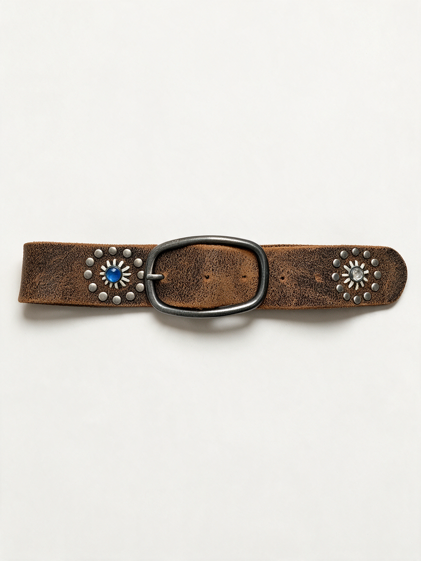 Cowboysbelt Riem - bruin suède, grote zilverkleurige gesp, western/bohemian stijl - 95 cm