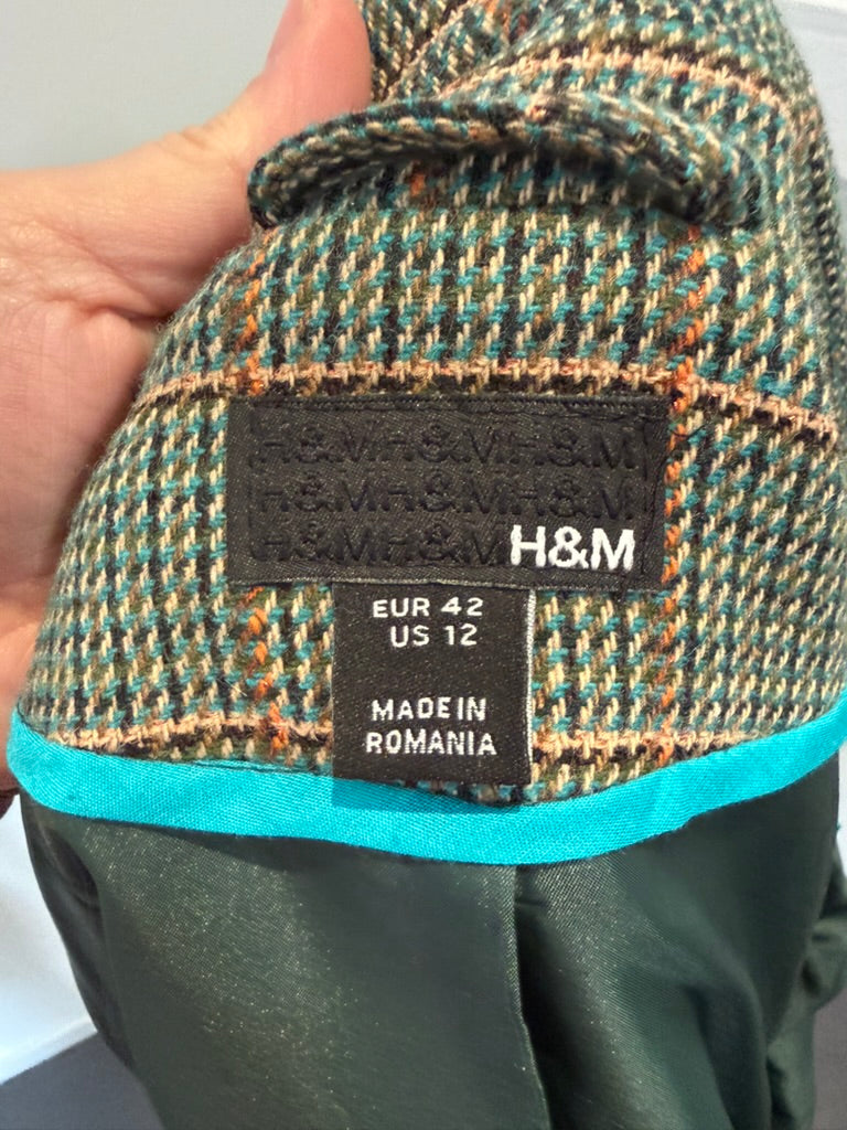 H&M - Blazer - groen/bruin geruit, enkelknoopsluiting, getailleerd - XL