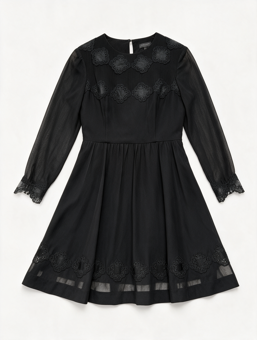 Ted Baker London - Jurk - zwart, semi-transparante mouwen, kantpatroon