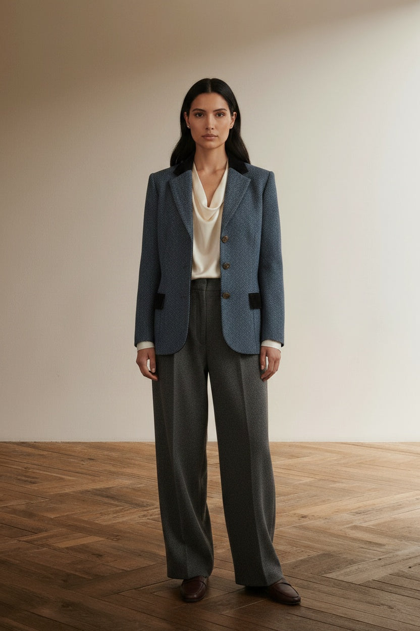 Full body view of the model wearing Shetland Jasje maat 42 Donkerblauw met zwart