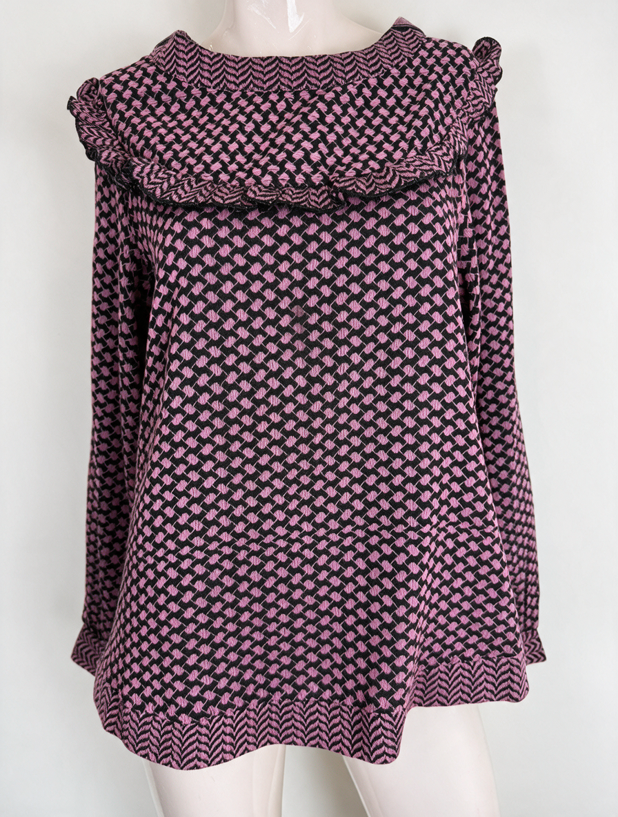 Rough Studios - Trui - jacquard, roze en zwart, volantkraag - M