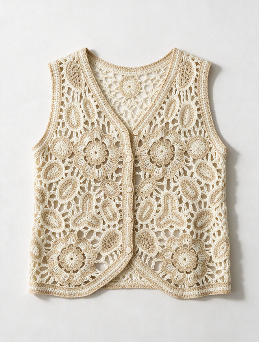 Studio Eleven Collection - Gilet - crème, opengewerkt bloemmotief, knoopsluiting - 1 maat