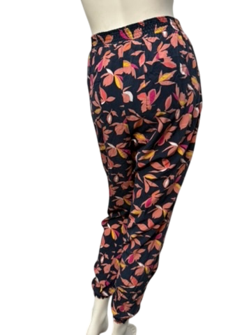 ESSENTIEL ANTWERP Broek maat L Donkerblauw met kleurrijke bladprint in roze, oranje, geel en wit