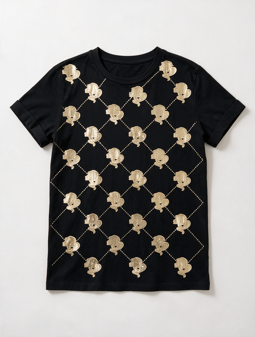 REINDERS - T-shirt - zwart, gouden pailletten, ruitpatroon