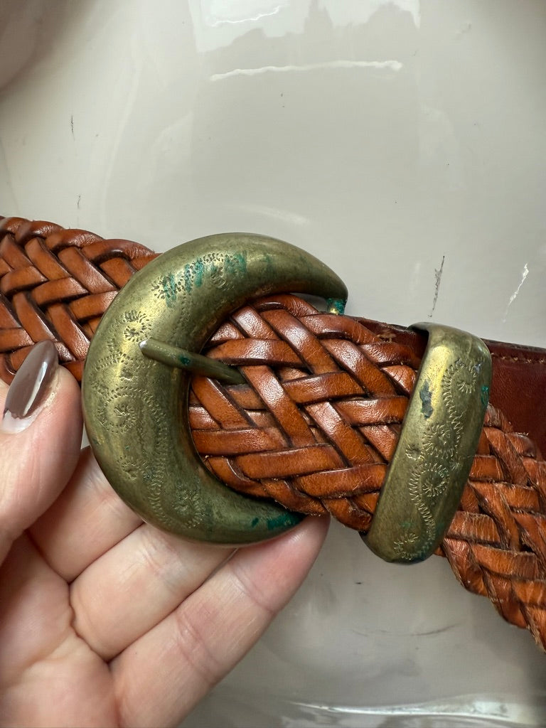 Mulberry - Riem - cognacbruin, gevlochten leer, grote metalen gesp