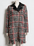 Caroline Biss - Jas - geruit in rood-zwart-wit, asymmetrische rits, kraag van imitatieleer - S