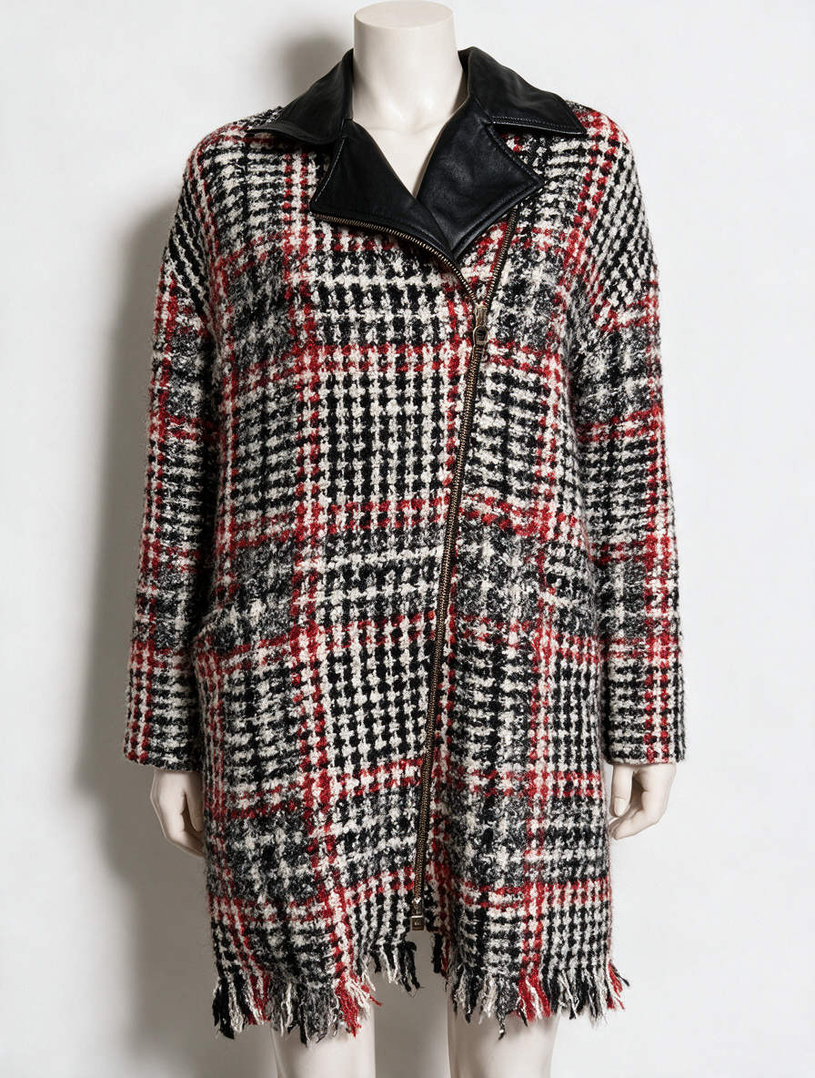 Caroline Biss - Jas - geruit in rood-zwart-wit, asymmetrische rits, kraag van imitatieleer - S