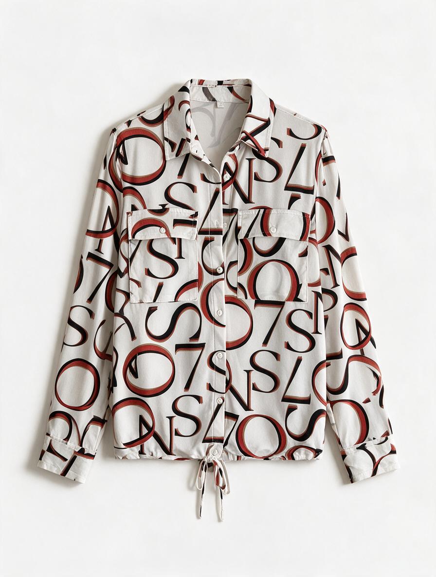 Zoso - Blouse - all-over cijferprint, wit-zwart-rood, strikkoord aan de zoom