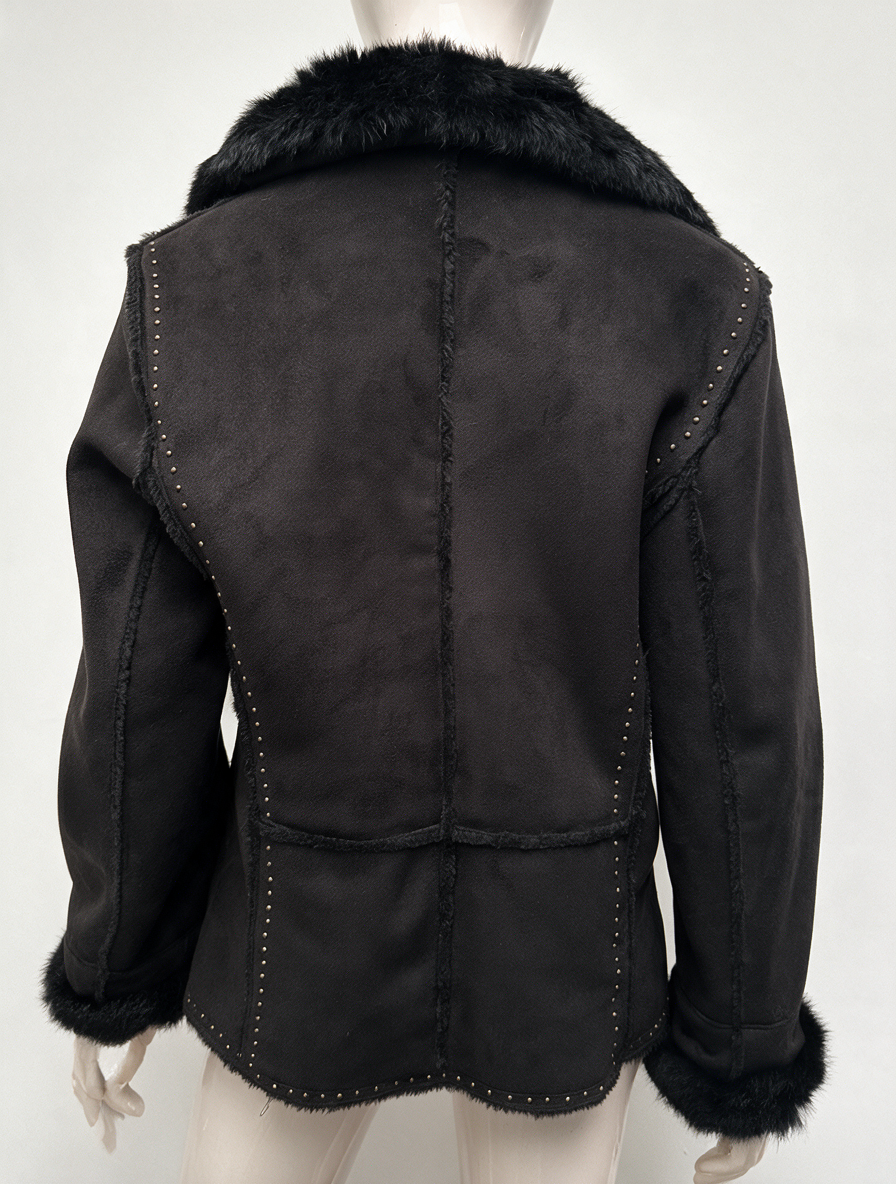 GERARD DAREL - Jas - zwart, imitatiebontkraag, knoopsluiting - XL