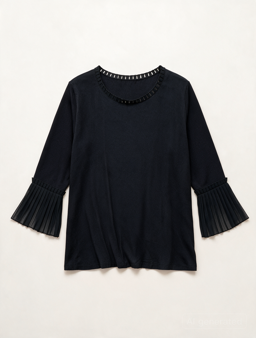 Mayerline - Blouse - donkerblauw, driekwartsmouwen, geplisseerde chiffon inzet - L