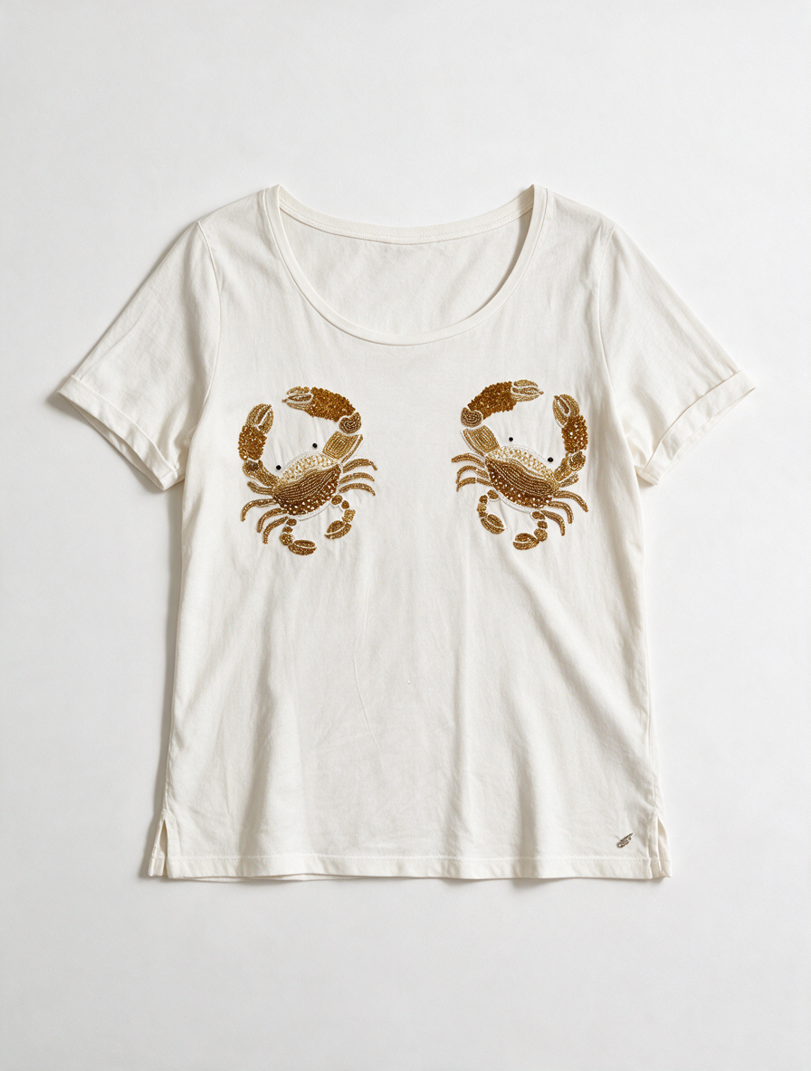 SVNTY - T-shirt - wit, geborduurde kreeften, kralenversiering - S