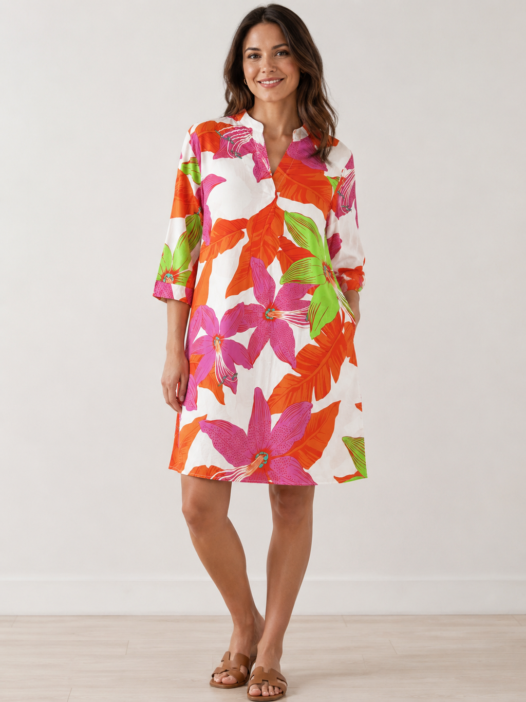 mbyM Jurk maat L Wit met oranje, roze en groen