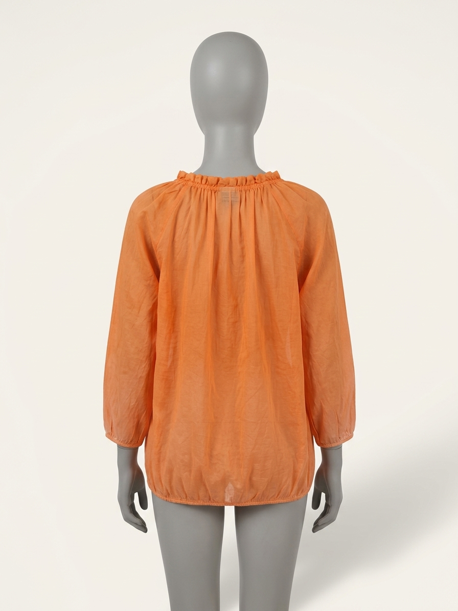 No.lita Blouse - oranje, ruffle bij hals, driekwart mouw maat M/L