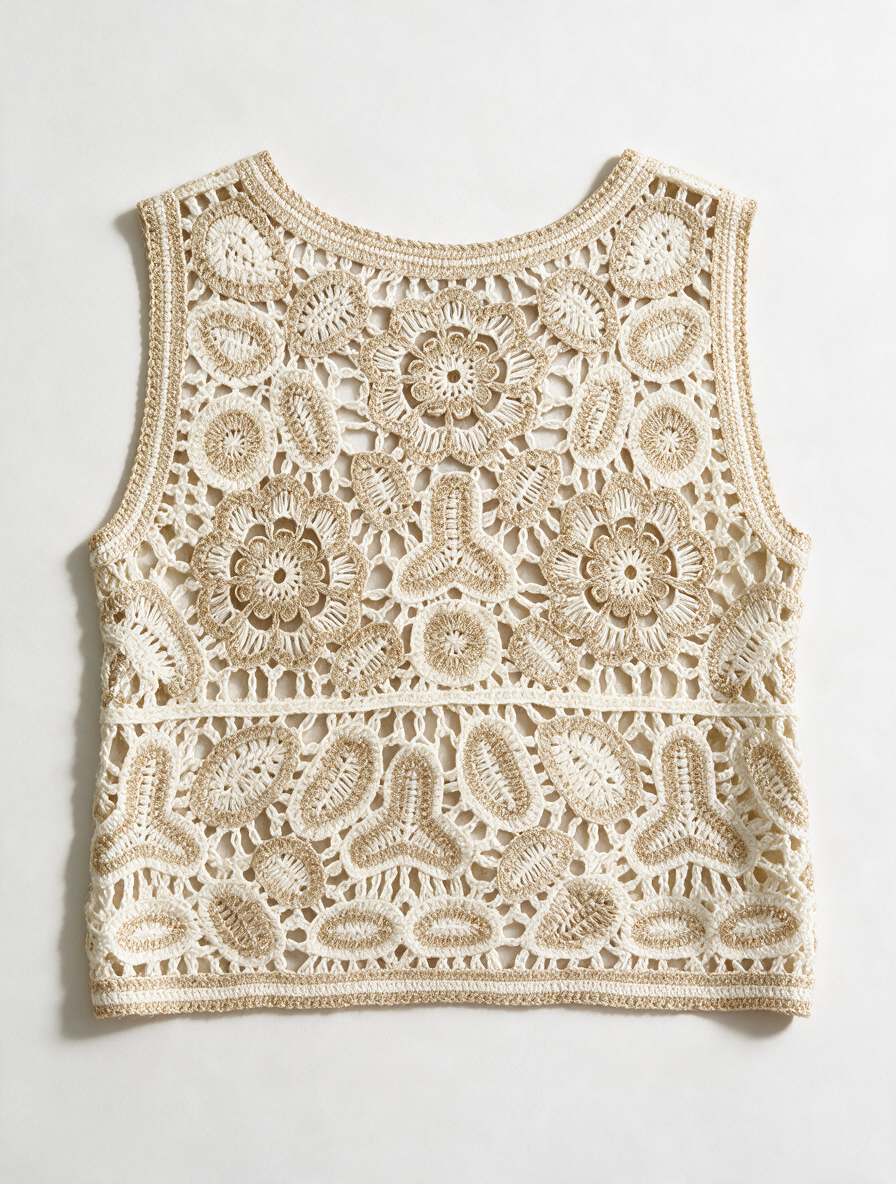 Studio Eleven Collection - Gilet - crème, opengewerkt bloemmotief, knoopsluiting - 1 maat