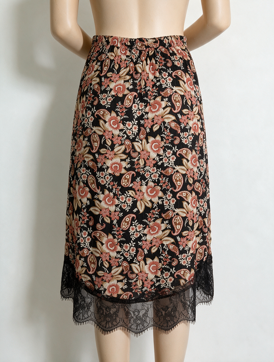 ESQUALO - Rok - zwart met bloemenprint, kanten zoom, midi lengte - 42