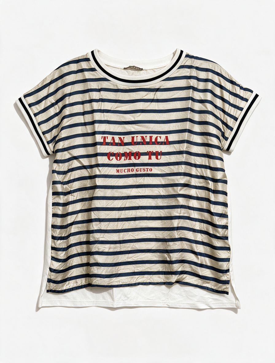 MUCHO! GUSTO! - T-shirt - blauw-wit gestreept, voorzijde zijde, tekstprint - M