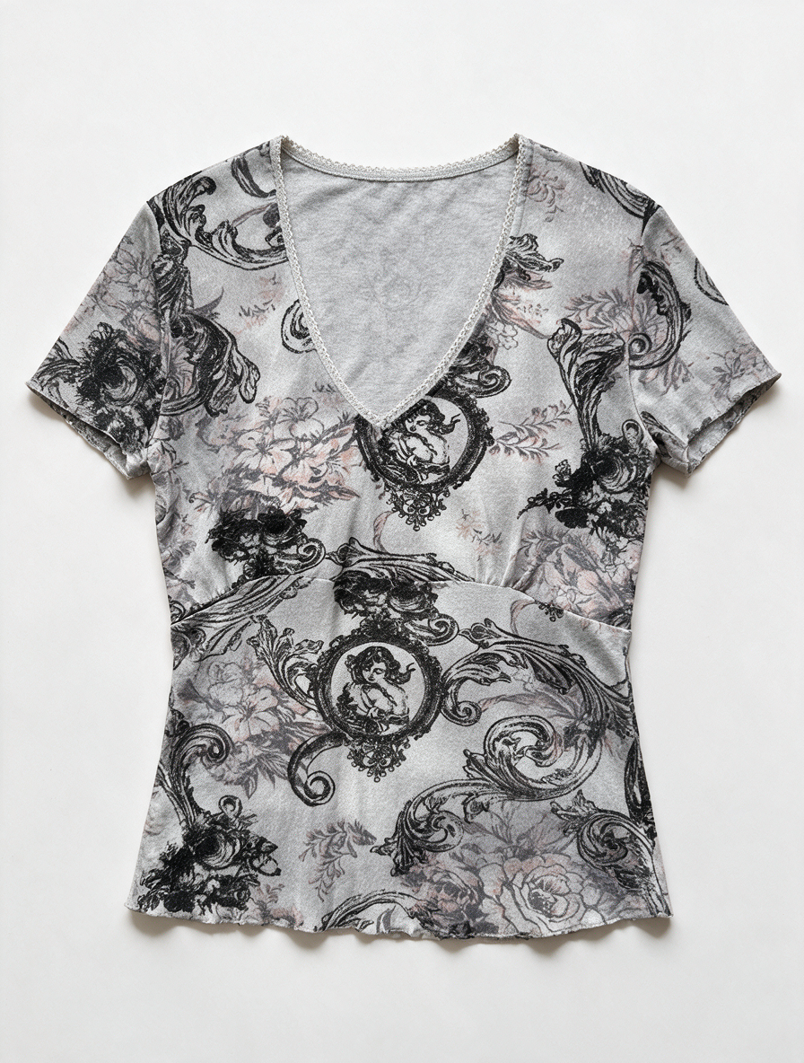 Bandolera - Top - grijs/roze, V-hals met kantafwerking, all-over print - L