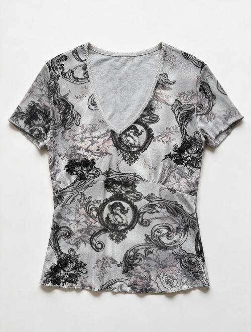Bandolera - Top - grijs/roze, V-hals met kantafwerking, all-over print - L
