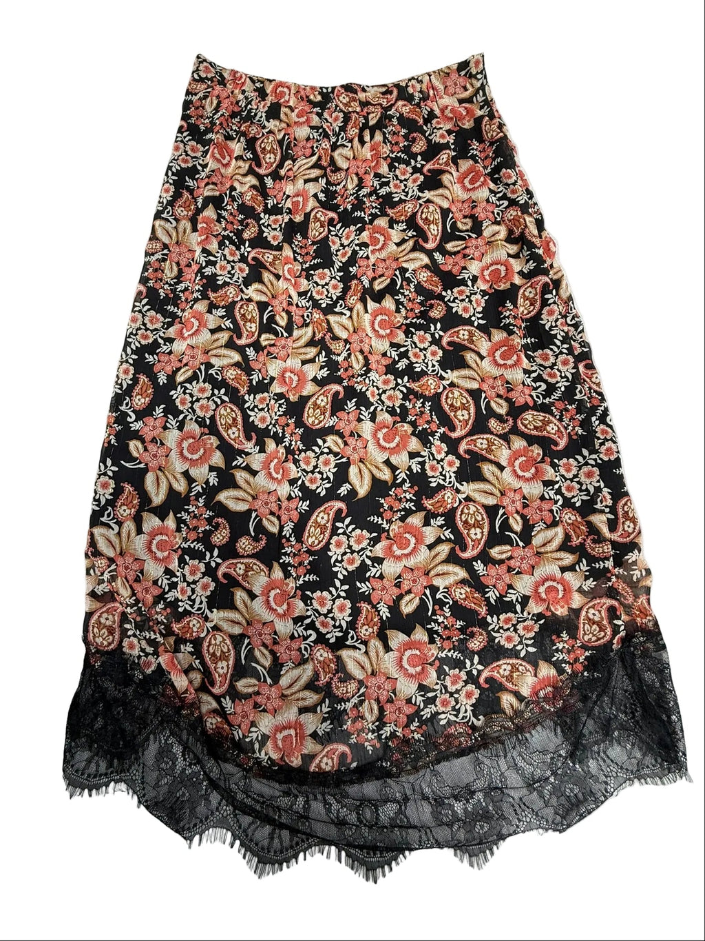 EsQualo bloemenrok met kanten zoom zwart/roze – boho midi rok 42