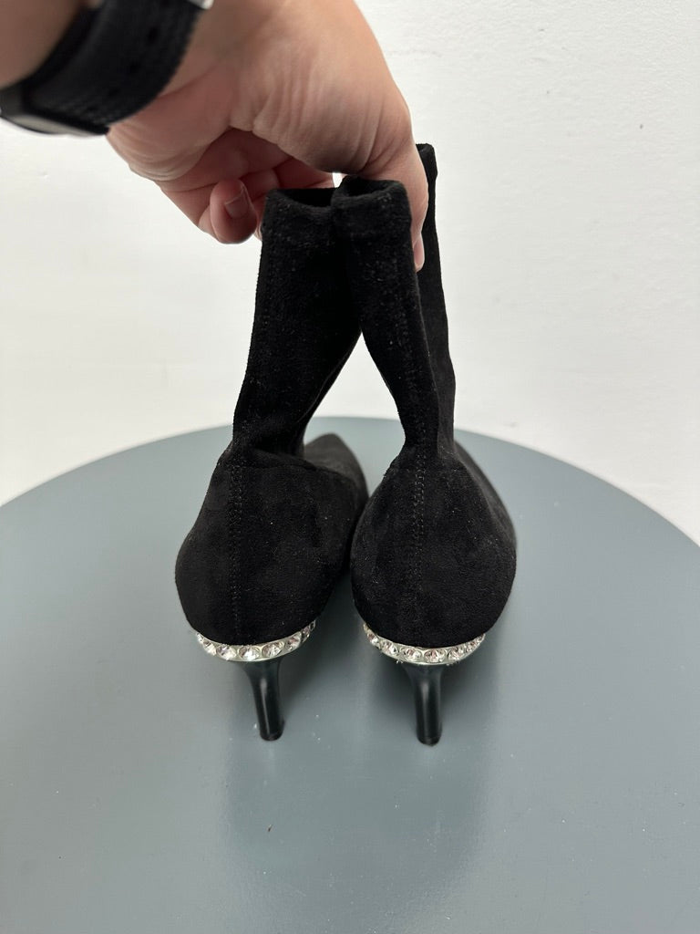 Dune - Enkellaars - zwart, suède-look, strassdetail op hak - 38
