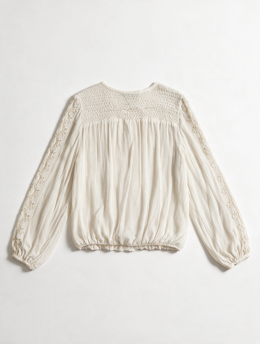 Summum Woman - Blouse - crème, geborduurd bloemmotief, vetersluiting - S