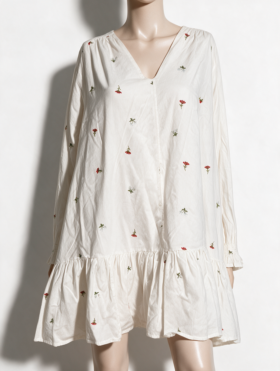 mbyM - Jurk - wit, geborduurde bloemen, ruche zoom - S