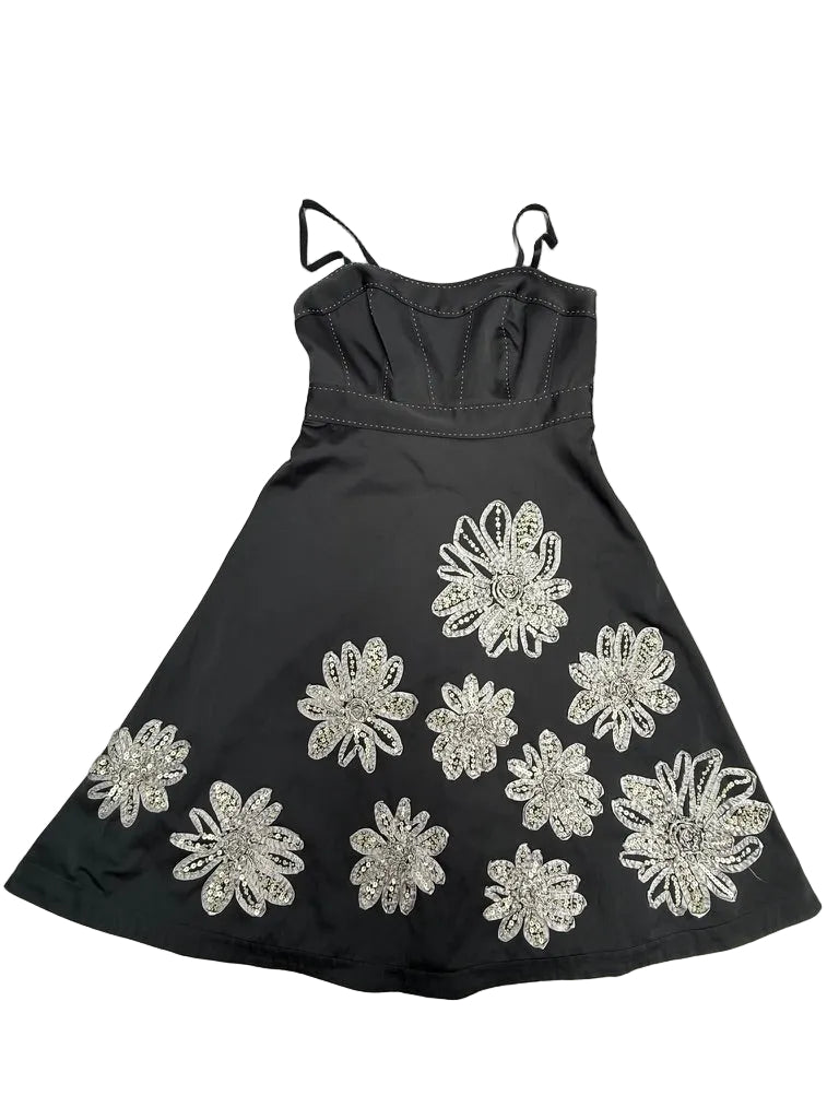 Dresses by Steps Y2K vintage feestjurk – zwart met zilveren bloemen – maat 36
