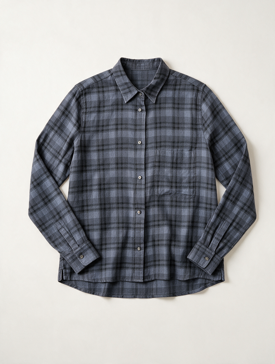 Pomandère - Blouse - grijs-blauw ruitpatroon, 100% katoen, volledige knoopsluiting - IT44 - NL40
