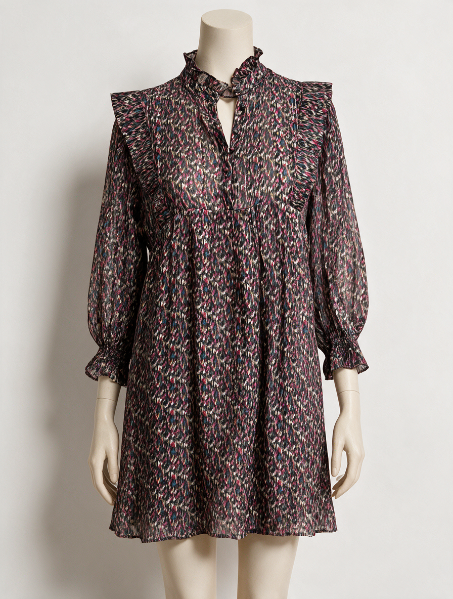ba&sh - Jurk - all-over print, striksluiting, 3/4 mouw - S