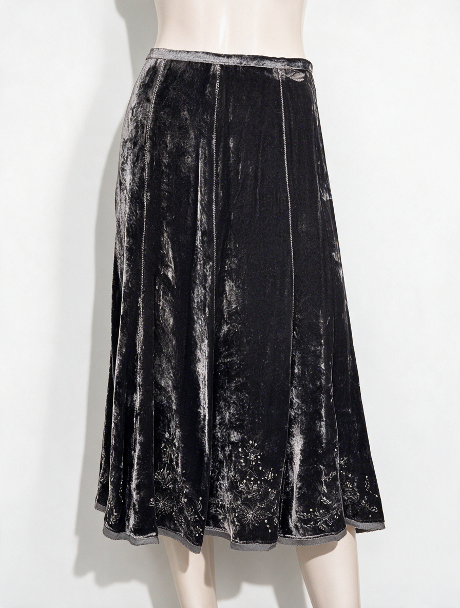 Gerard Darel - Rok - zwart, fluwelen look, bloemenmotief met kraaltjes - FR44 (NL42)