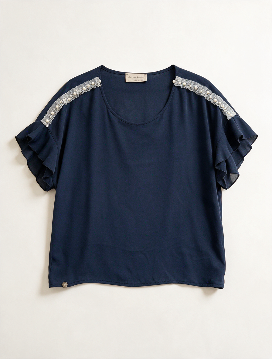 Amelie & Amelie - Blouse - blauw, schouderdetails met kralen, korte mouw - M