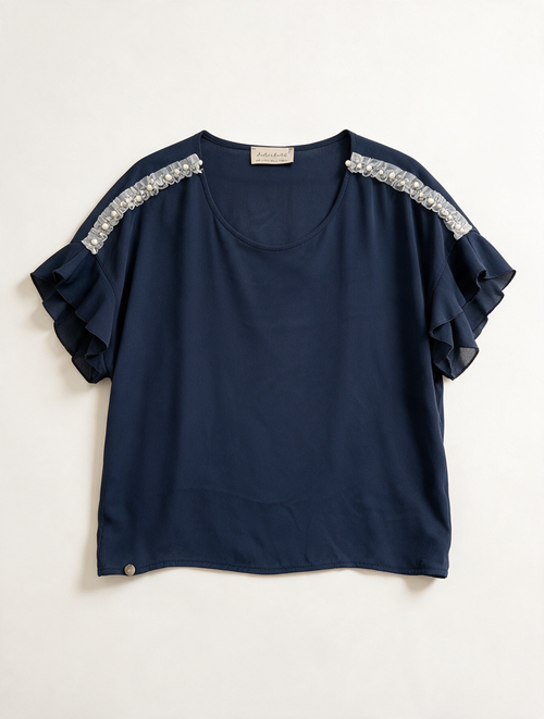 Amelie & Amelie - Blouse - blauw, schouderdetails met kralen, korte mouw - M