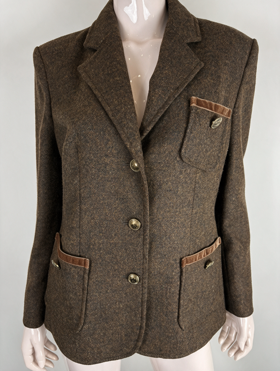 Vintage wollen tweed blazer - scheerwol, bruin gemêleerd, suède accenten - XL