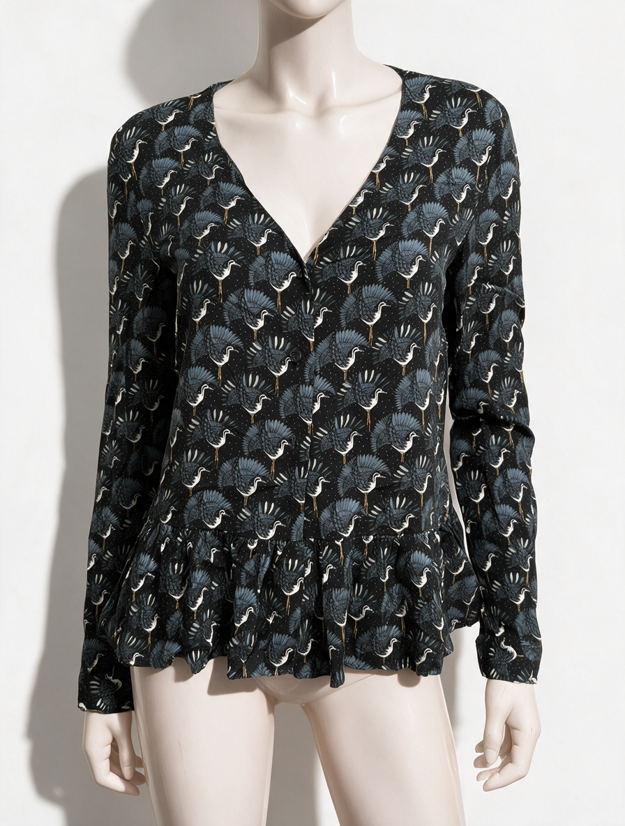 MARIE SIXTINE - Blouse - kraanvogelprint, V-hals, lange mouwen - maat M