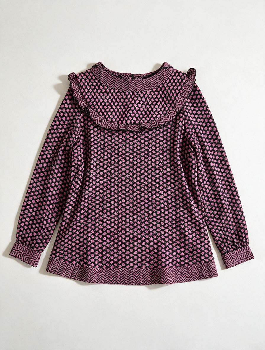 Rough Studios - Trui - jacquard, roze en zwart, volantkraag - M